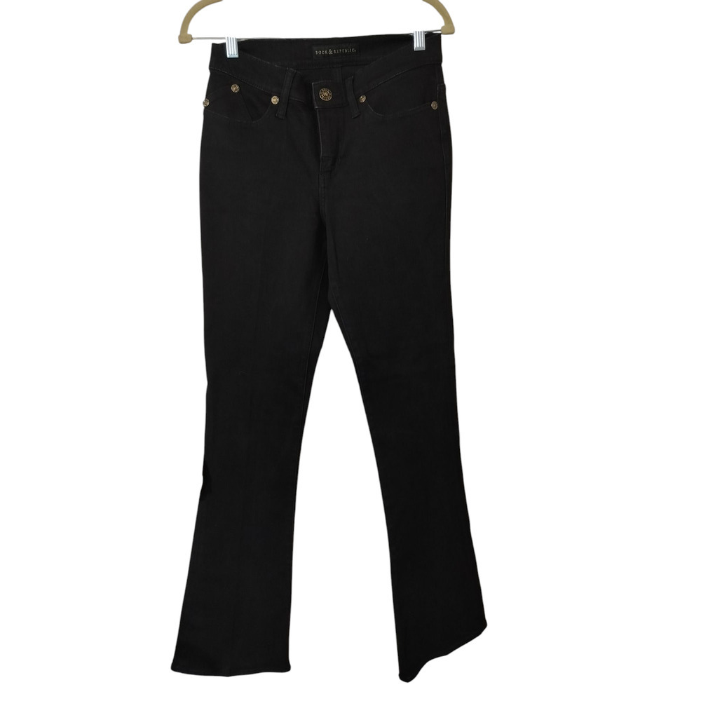 3642) Rock & Republic Black Kendra Curvy Bootcut Bling Pockets Jeans Size 8 M